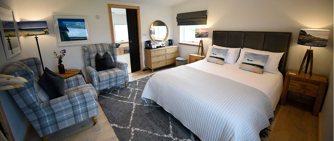 Taigh Scalpaigh King size double room with en suite shower room and sea views at our Portree bed and breakfast accommodation